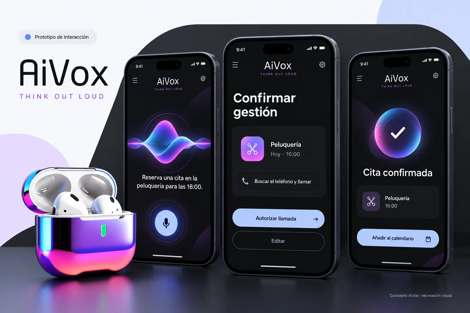 AiVox interaction prototype: booking an appointment by voice, confirming it and adding it to the calendar