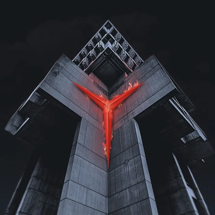 Lenovo Legion piece: the Y symbol on a concrete tower