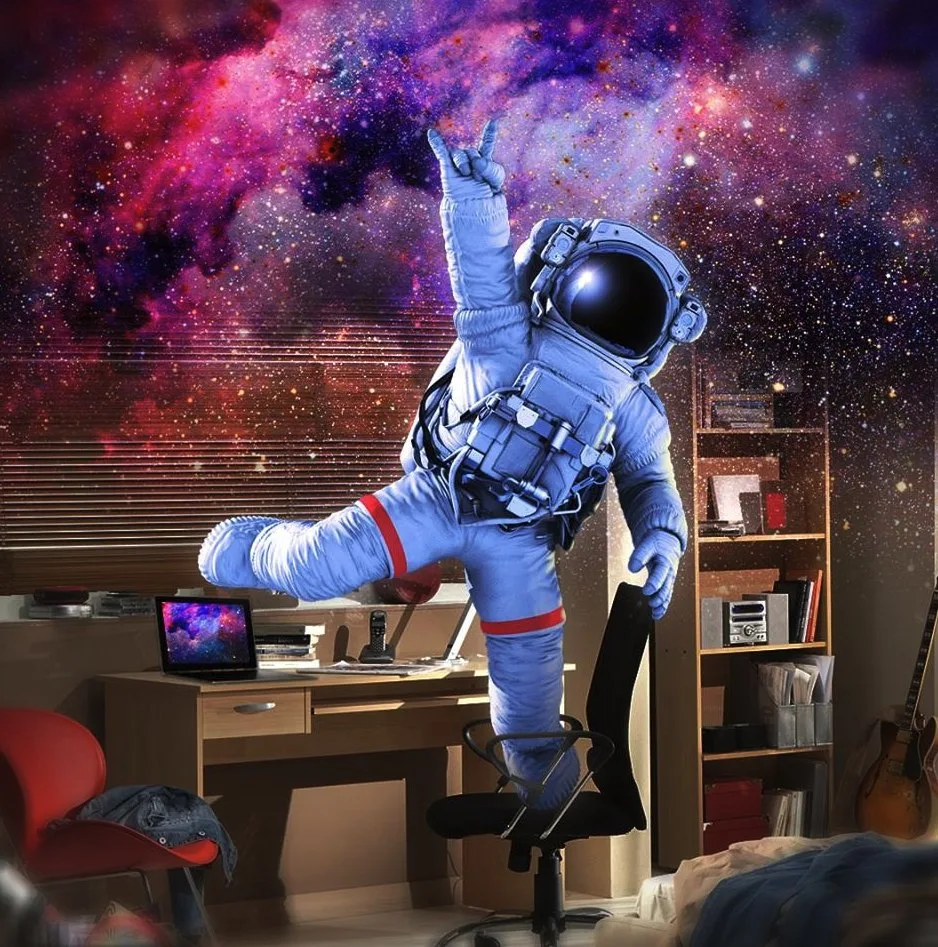Lenovo piece: an astronaut dancing in a bedroom under a galaxy