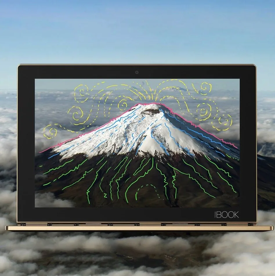 Lenovo Yoga Book piece with a hand-drawn volcano