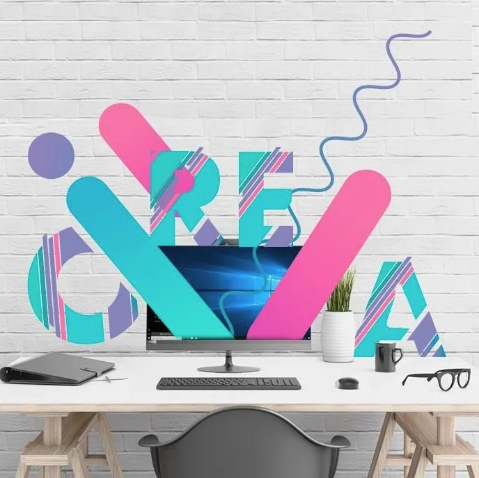 Lenovo piece: a desk with the word “Crea” (Create)