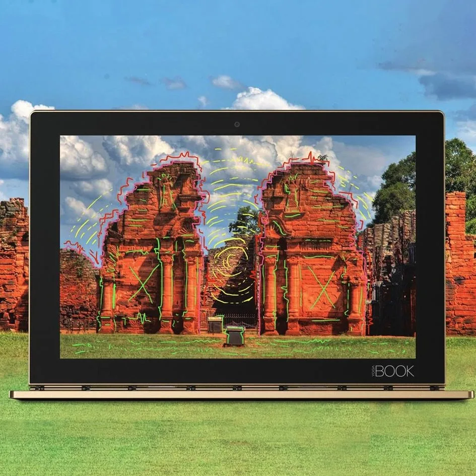 Lenovo Yoga Book piece with drawn Jesuit ruins