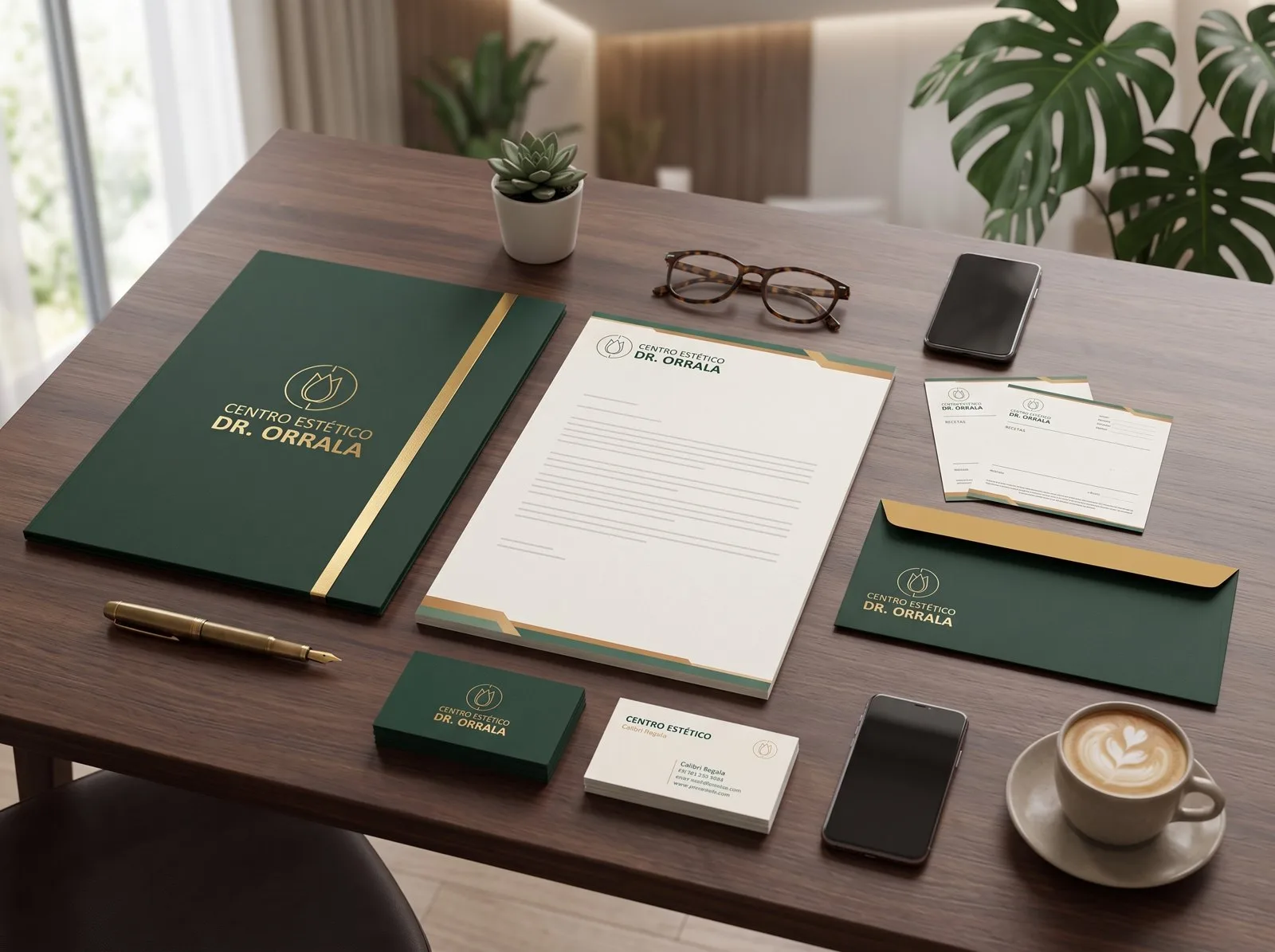 Centro Estético Orrala stationery set: folder, envelope, letterhead and cards
