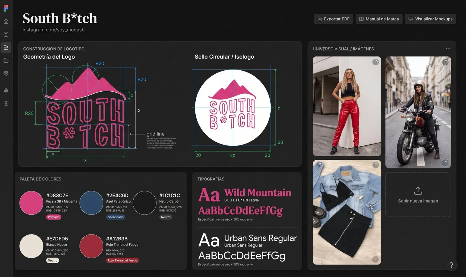 South B*tch brand system: logo construction, seal, palette and typefaces