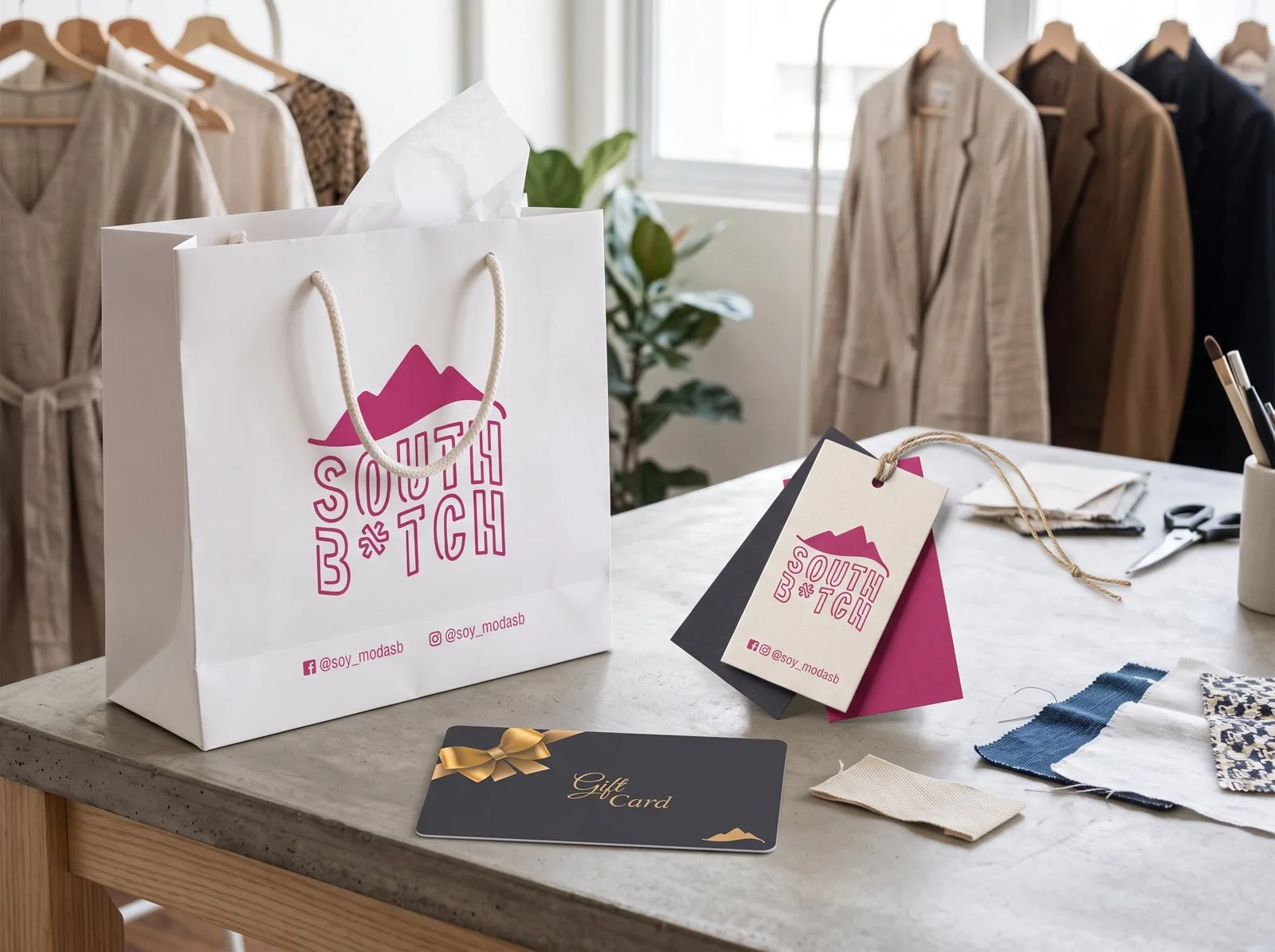 South B*tch stationery: bag, tags and gift card