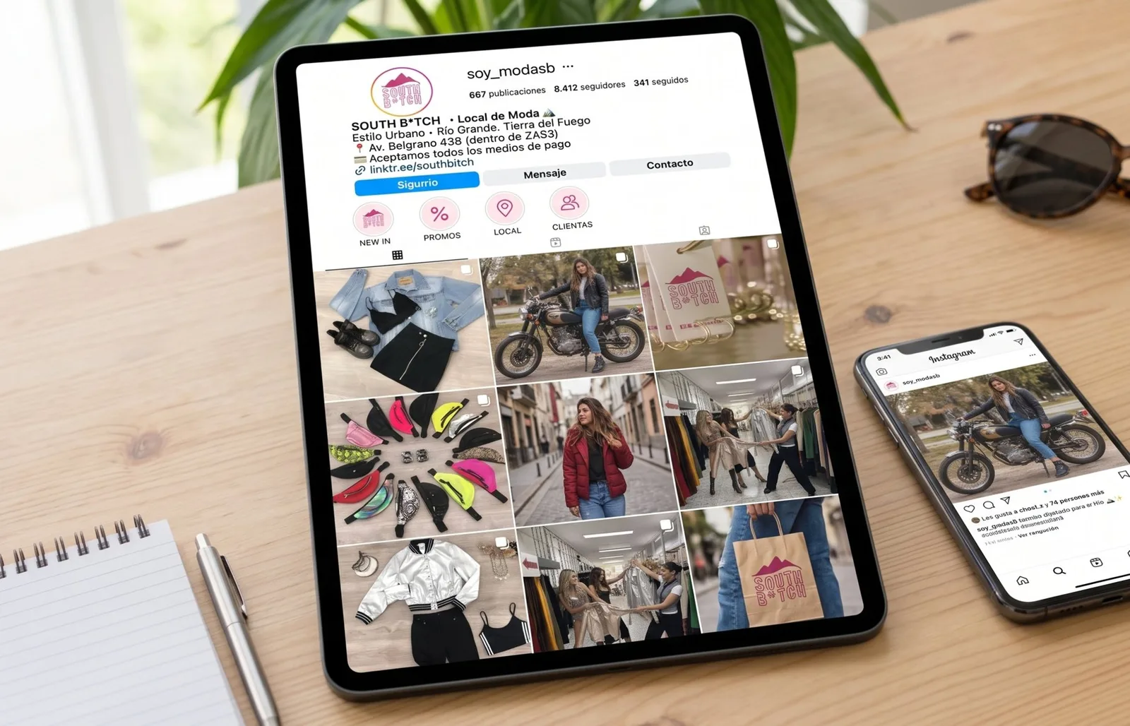 @soymoda.sb Instagram profile on a tablet